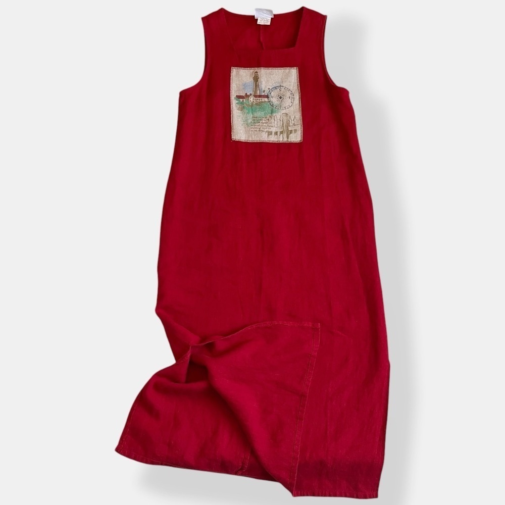 VTG 90s Red Linen Column Dress Lagenlook Coastal Grandma Midi Pinafore Dress 6 - Picture 5 of 10